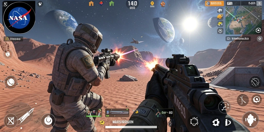 Screenshot gameplay NASA4D menampilkan aksi menembak yang epik.