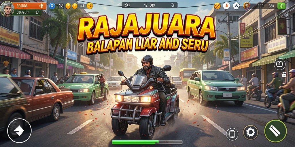 Screenshot gameplay RAJAJUARA menampilkan balapan seru di jalanan yang penuh adrenalin.