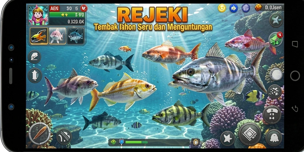 Screenshot utama menampilkan gameplay seru Tembak Ikan dengan berbagai ikan dan senjata.