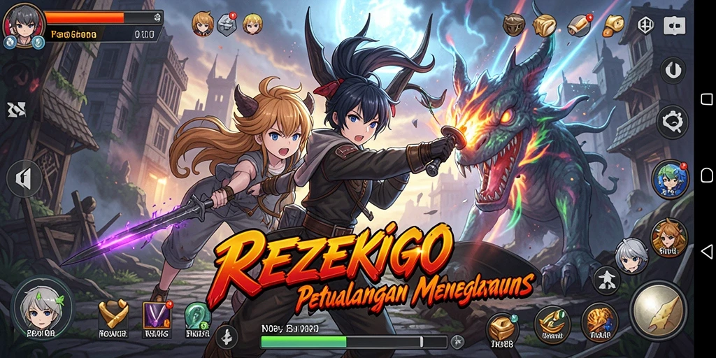 Tampilan gameplay menarik di REZEKIGO dengan karakter anime yang dinamis.