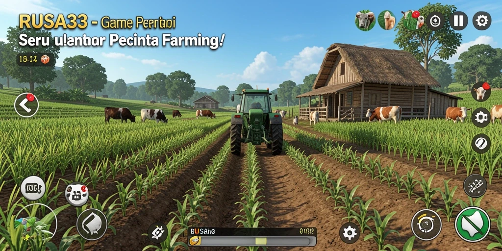 Screenshot gameplay RUSA33 menampilkan ladang subur dengan tanaman hijau.
