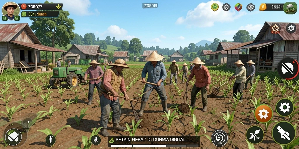 Tampilan gameplay <strong>ZORO77</strong> yang menggambarkan aktivitas pertanian.